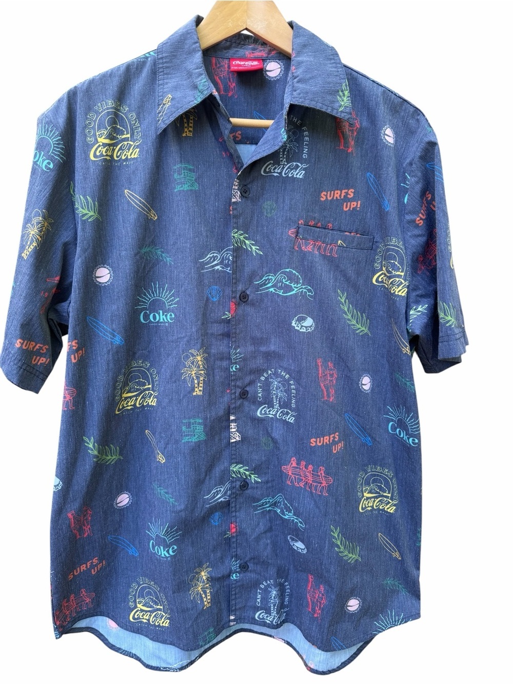 Coca Cola Blue Men’s size L Surf Graphic Button-Down Shirt